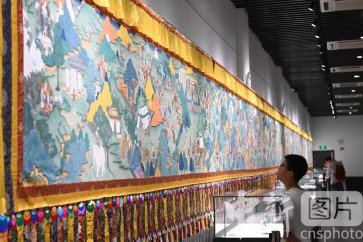 圖為一名小朋友觀看唐卡《涼州會盟》。 中新社記者 戴文昌 攝 圖為一名小朋友觀看唐卡《涼州會盟》。 中新社記者 戴文昌 攝